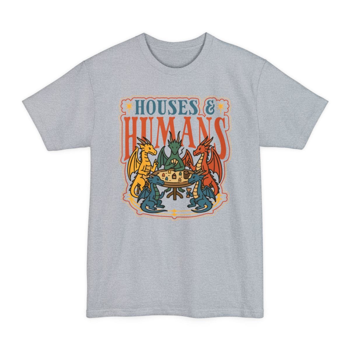 The same Houses and Humans dragons at game night design, on a light steel tall t-shirt.