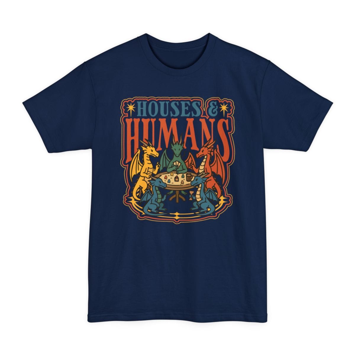 The same Houses and Humans dragons at game night design, on a navy tall t-shirt.