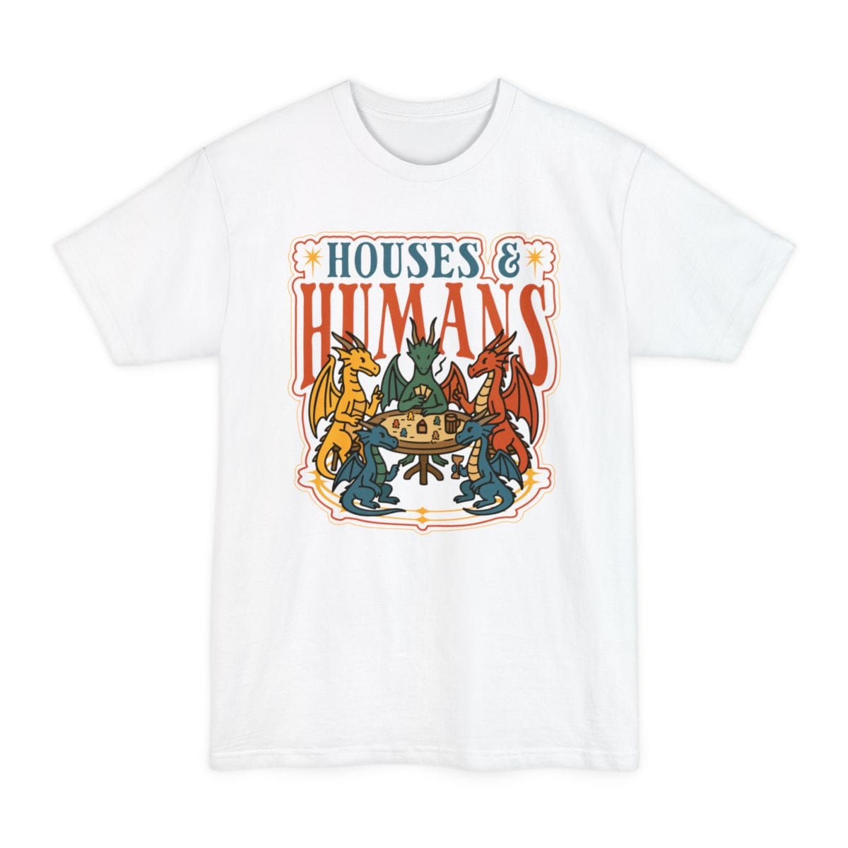 The same Houses and Humans dragons at game night design, on a white tall t-shirt.