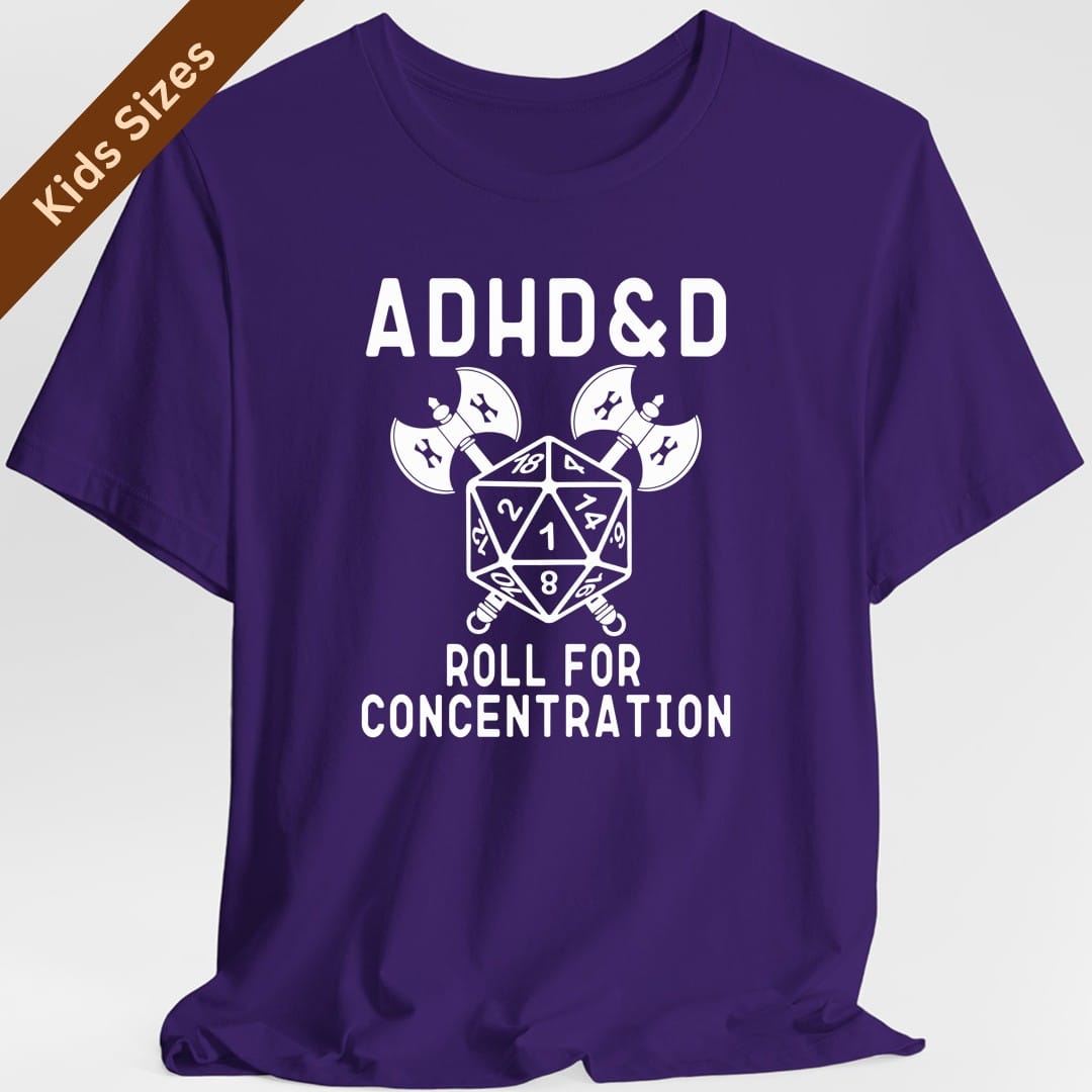 The same ADHD and D design, on a purple kids t-shirt.