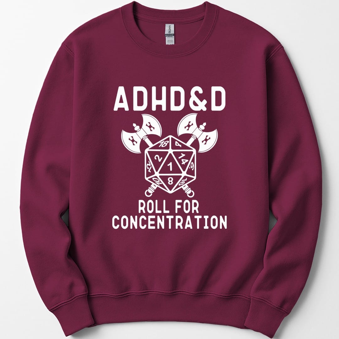 The same ADHD and D design, on a maroon sweatshirt.