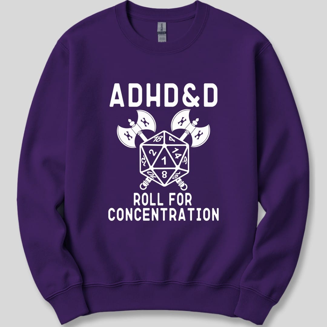 The same ADHD and D design, on a purple sweatshirt.