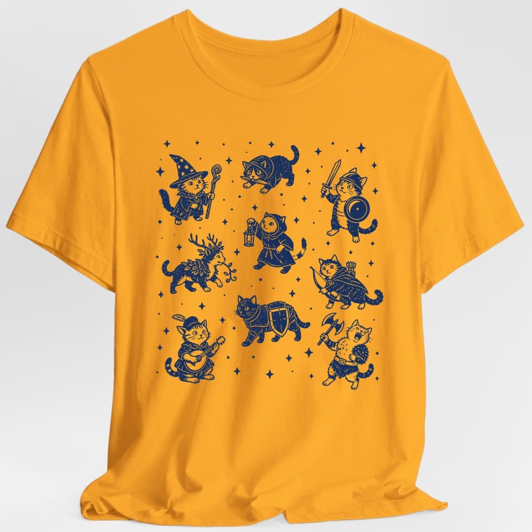 The same Adventurer Cats design, on a gold t-shirt.