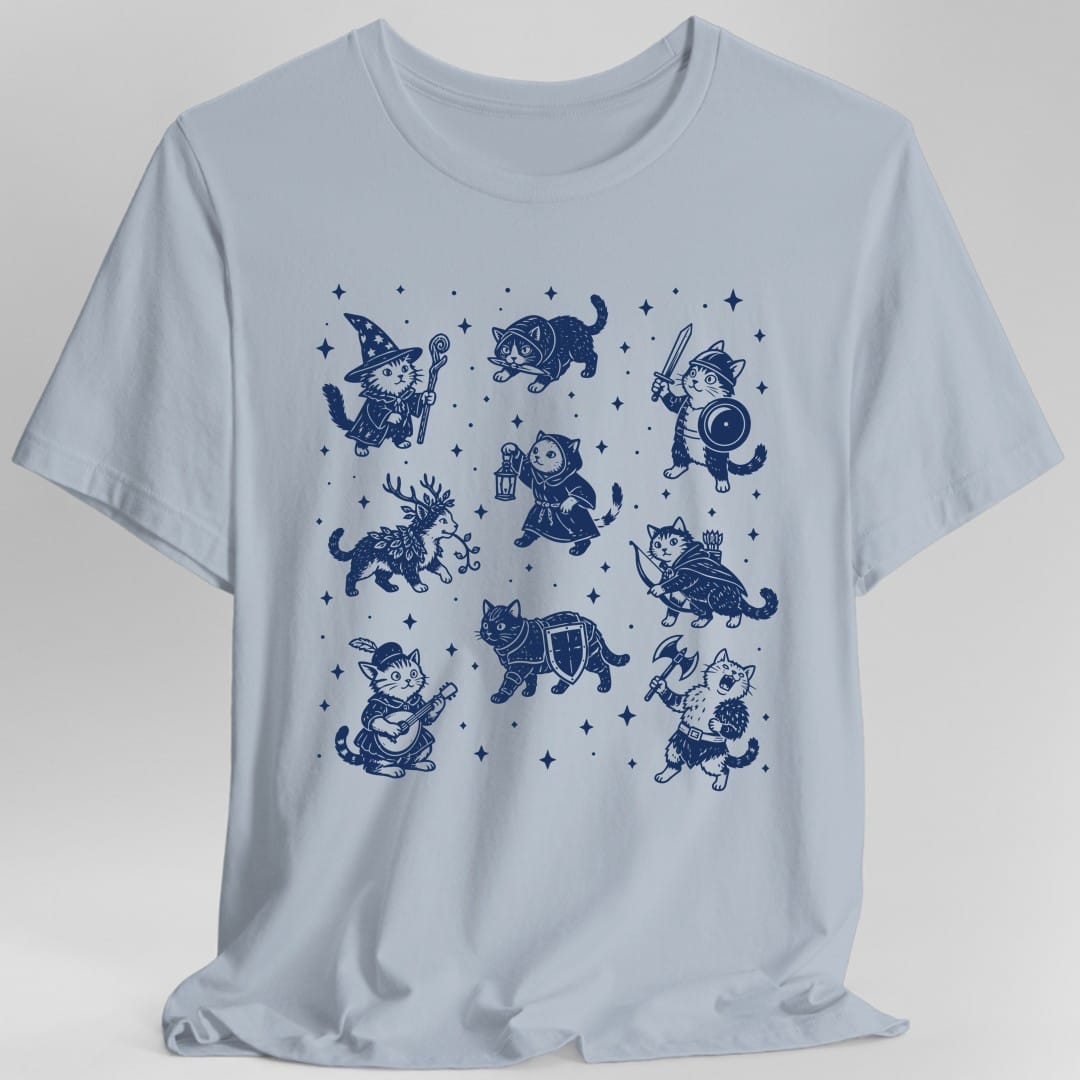 The same Adventurer Cats design, on a light blue t-shirt.