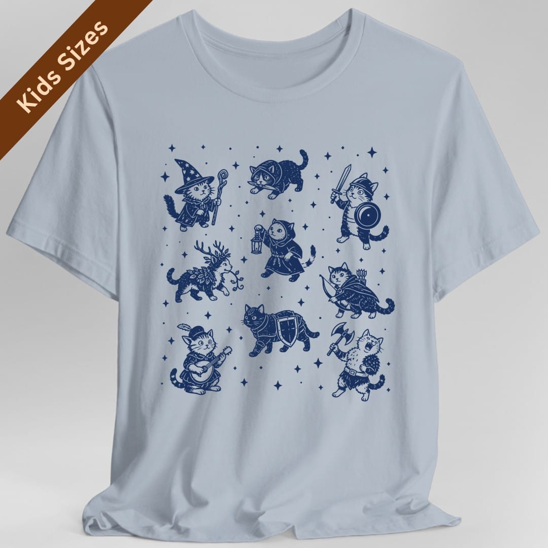 The same Adventurer Cats design, on a light blue kids t-shirt.