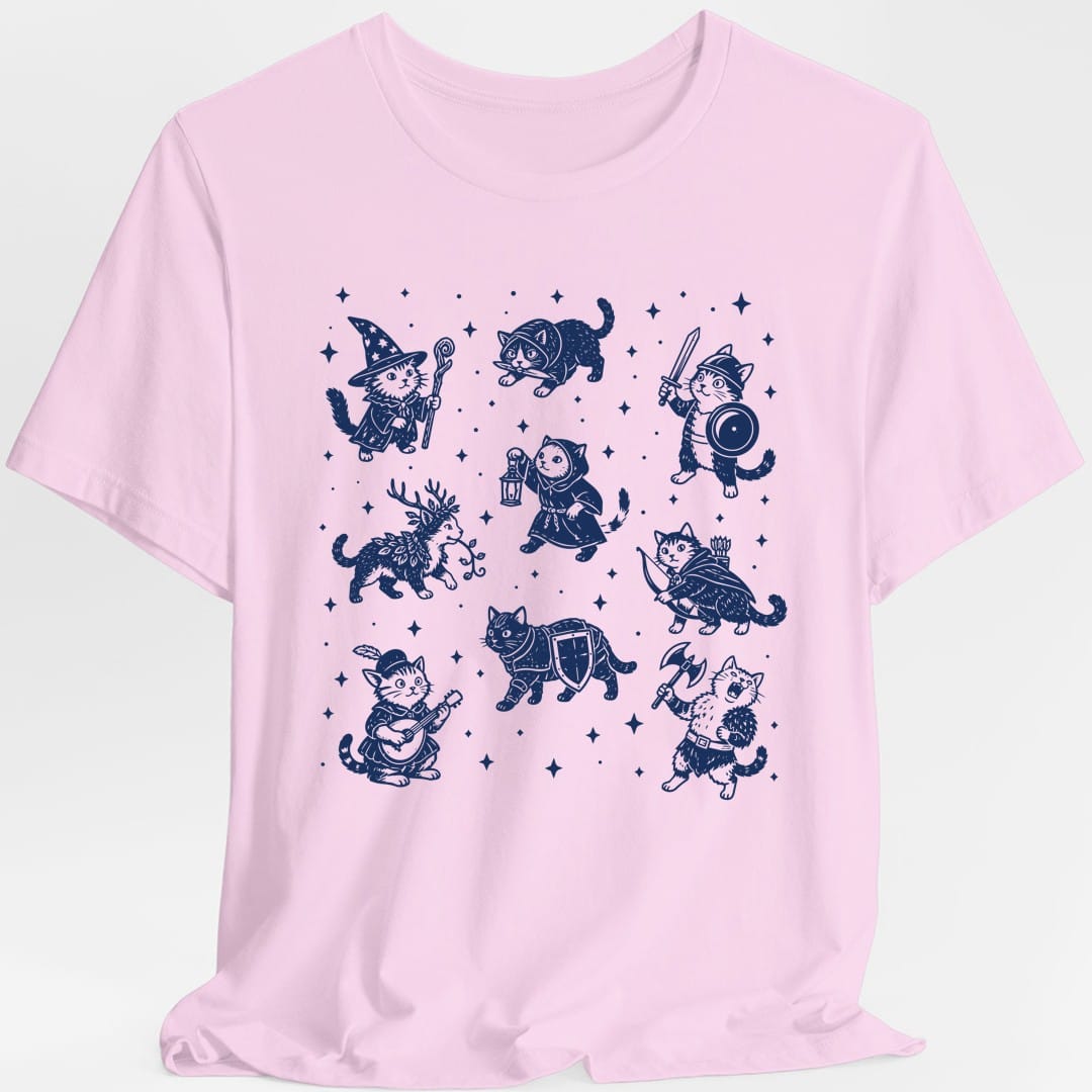 The same Adventurer Cats design, on a light pink t-shirt.