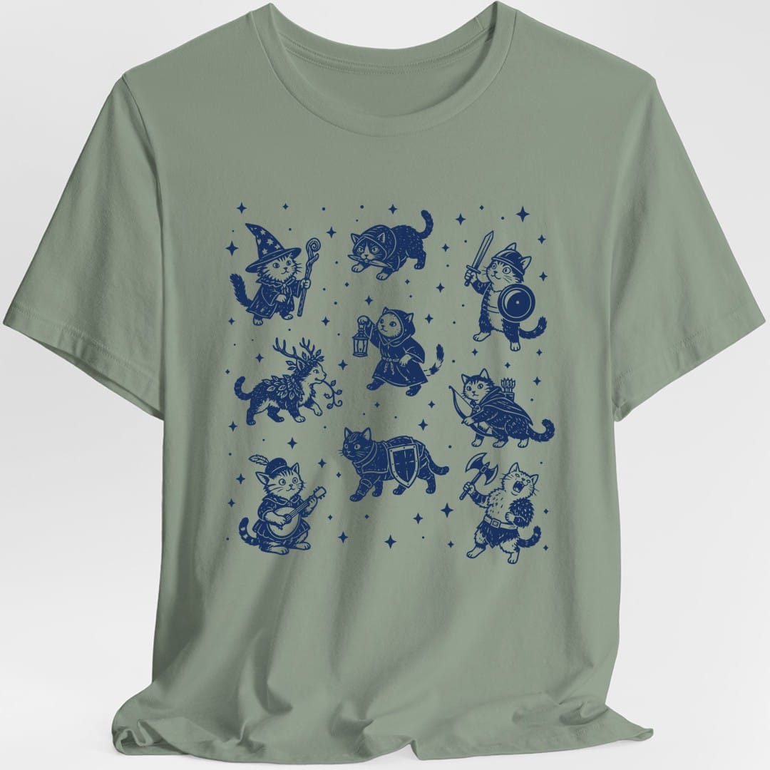 The same Adventurer Cats design, on a sage t-shirt.