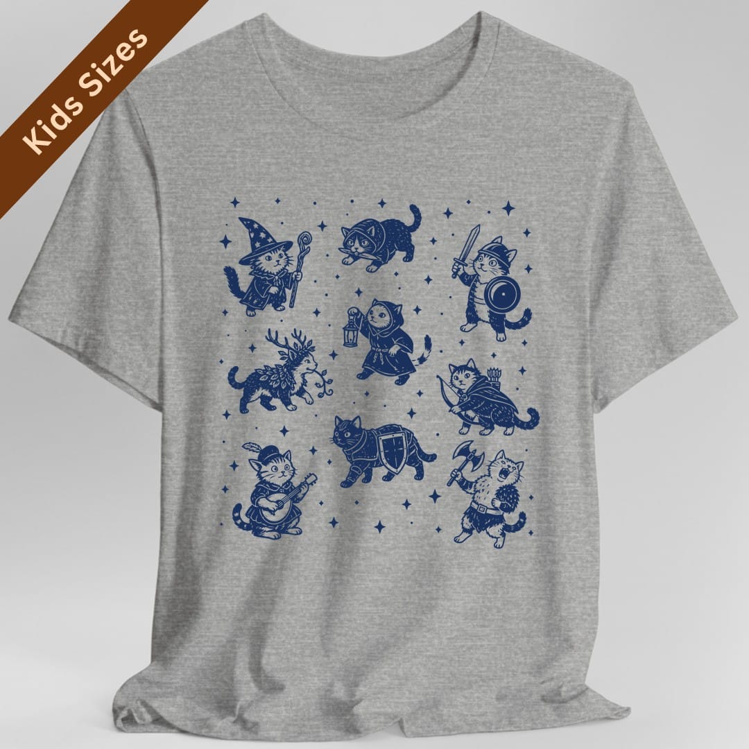 The same Adventurer Cats design, on a sport grey kids t-shirt.