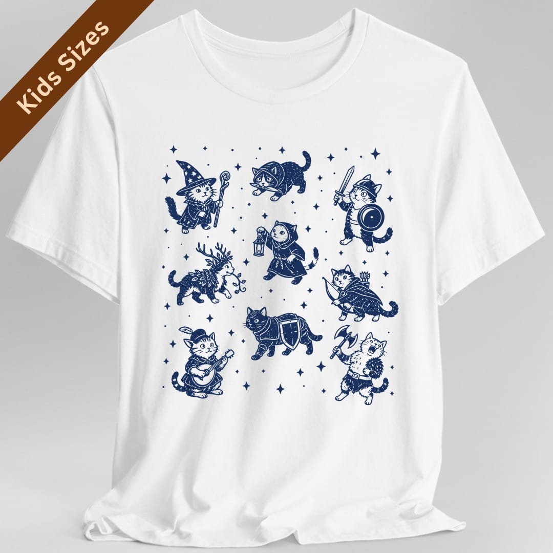 White kids t-shirt. No words. Nine cats dressed as fantasy adventurers are arranged in three rows among small four-pointed stars. Among them a wizard cat in a starry pointed hat with a staff, a cat in a hood carrying a lantern, a knight cat with a sword and round shield, an archer cat with a bow and quiver, a bard cat in a feathered cap playing a lute, an antlered cat trailing leafy vines, an armored cat with a shield, and a shaggy cat swinging an axe. Woodcut style line art in a single deep navy ink.