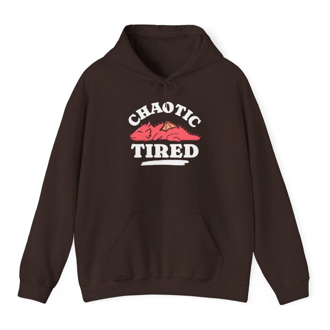 The same Chaotic Tired dragon design, on a dark chocolate hoodie.