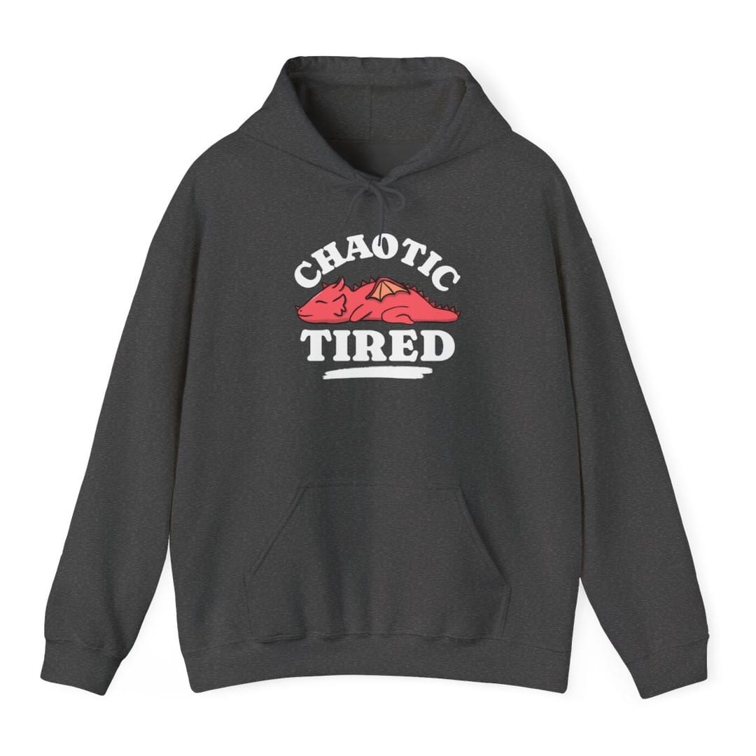 The same Chaotic Tired dragon design, on a dark heather hoodie.