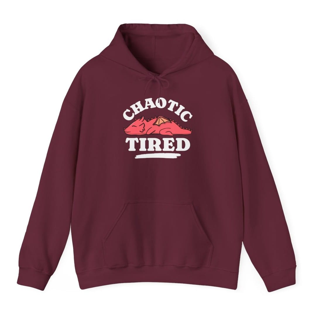 The same Chaotic Tired dragon design, on a maroon hoodie.