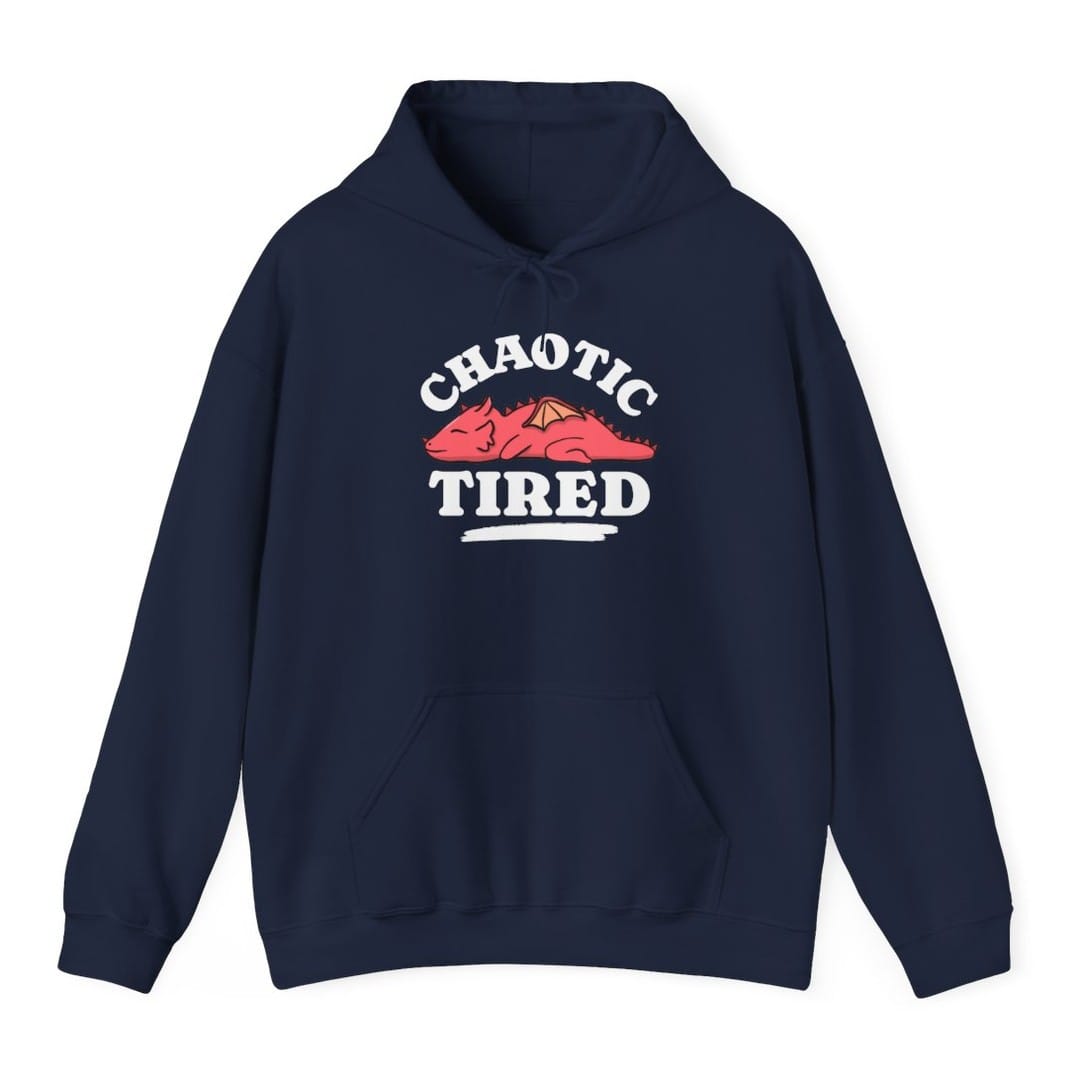 The same Chaotic Tired dragon design, on a navy hoodie.