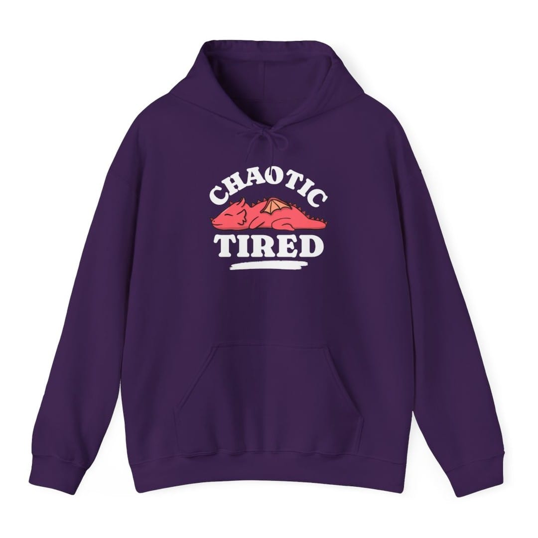 The same Chaotic Tired dragon design, on a purple hoodie.