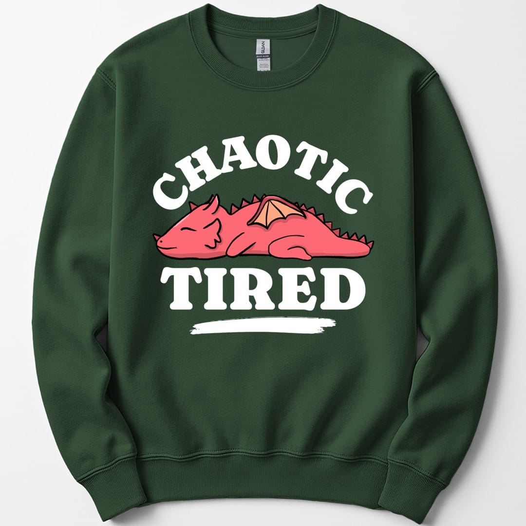 The same Chaotic Tired dragon design, on a forest green sweatshirt.