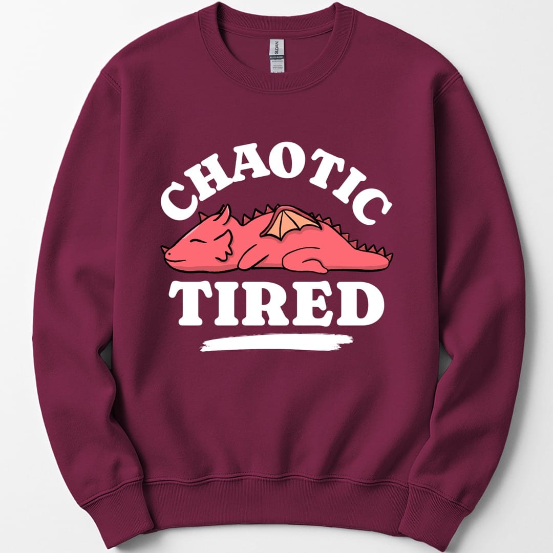 The same Chaotic Tired dragon design, on a maroon sweatshirt.