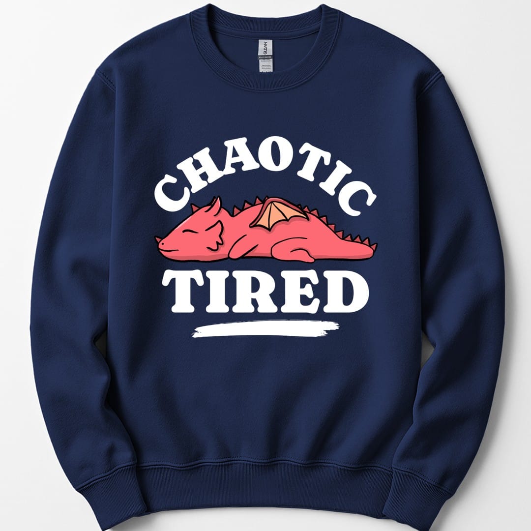 The same Chaotic Tired dragon design, on a navy sweatshirt.
