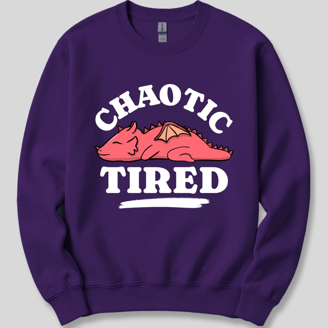 The same Chaotic Tired dragon design, on a purple sweatshirt.
