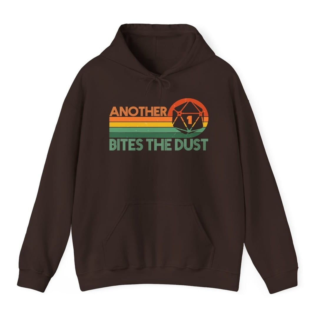 The same Another One Bites The Dust design, on a dark chocolate hoodie.