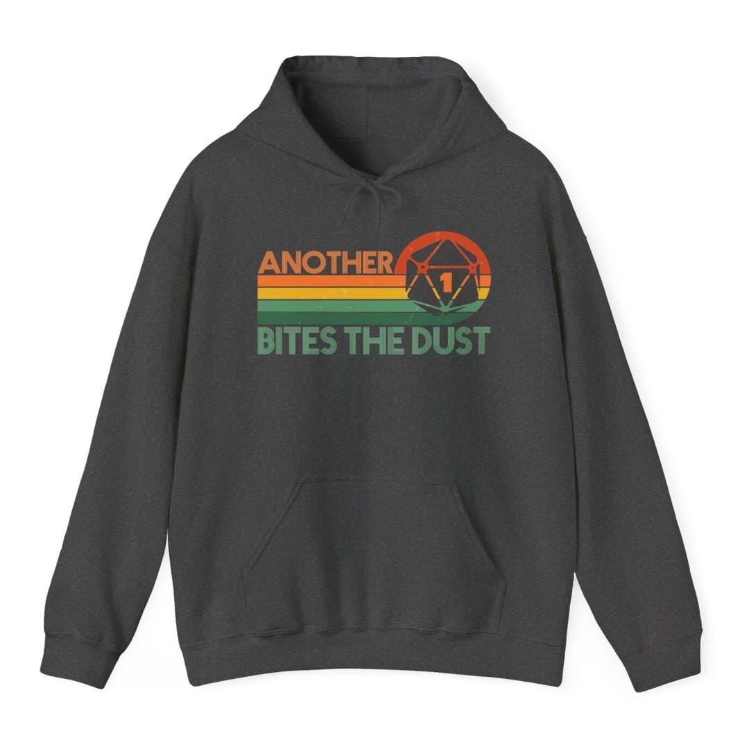 The same Another One Bites The Dust design, on a dark heather hoodie.