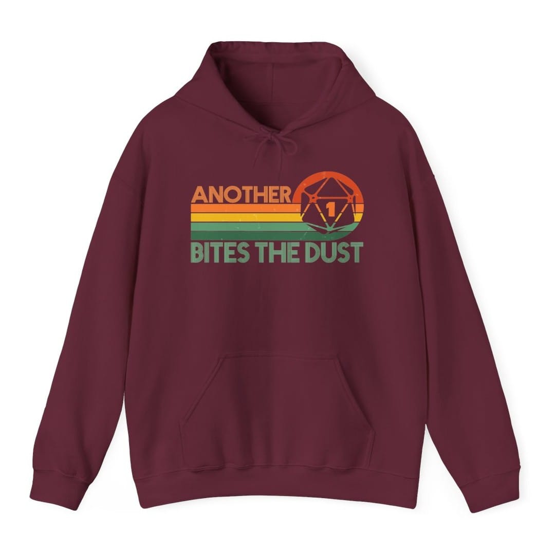 The same Another One Bites The Dust design, on a maroon hoodie.