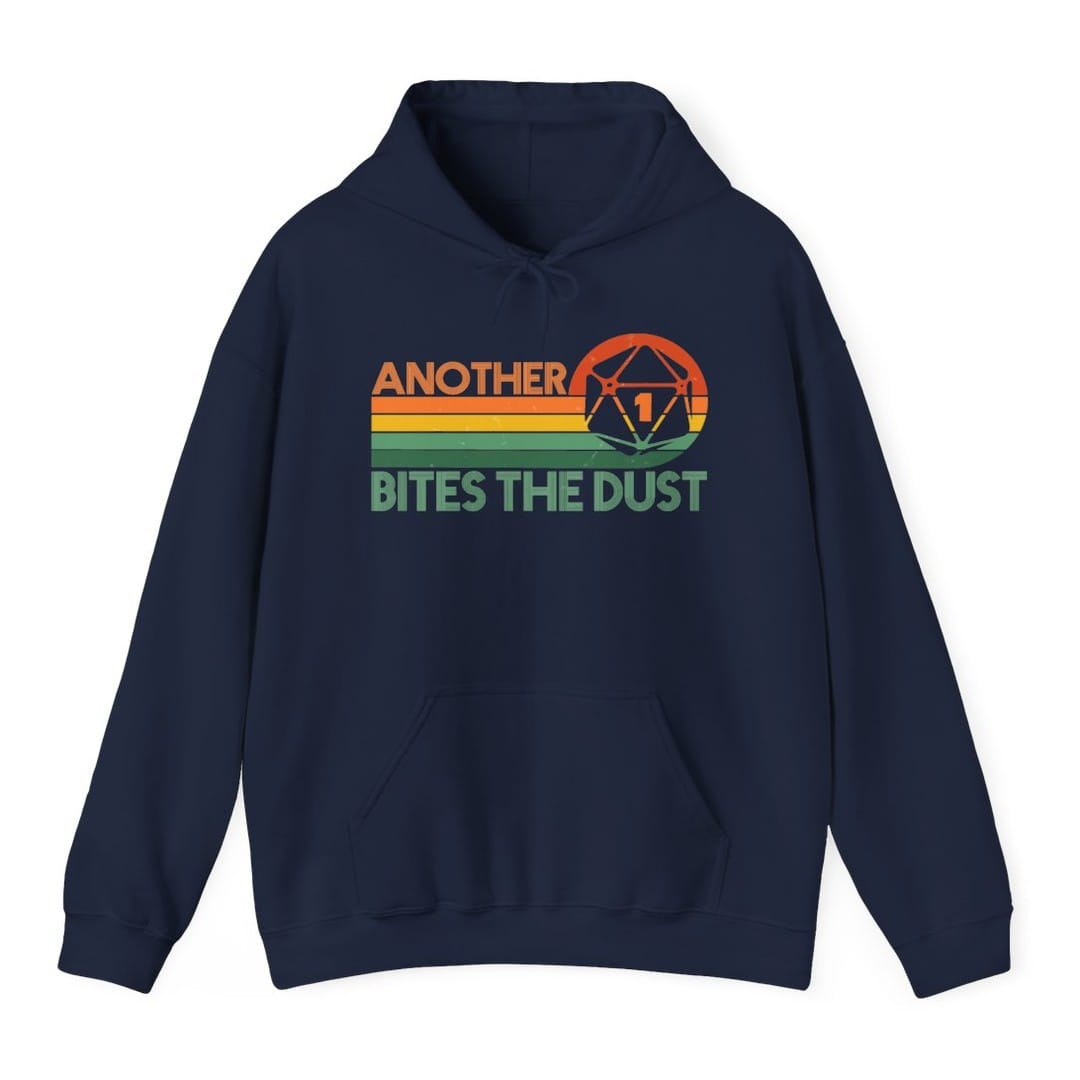 The same Another One Bites The Dust design, on a navy hoodie.