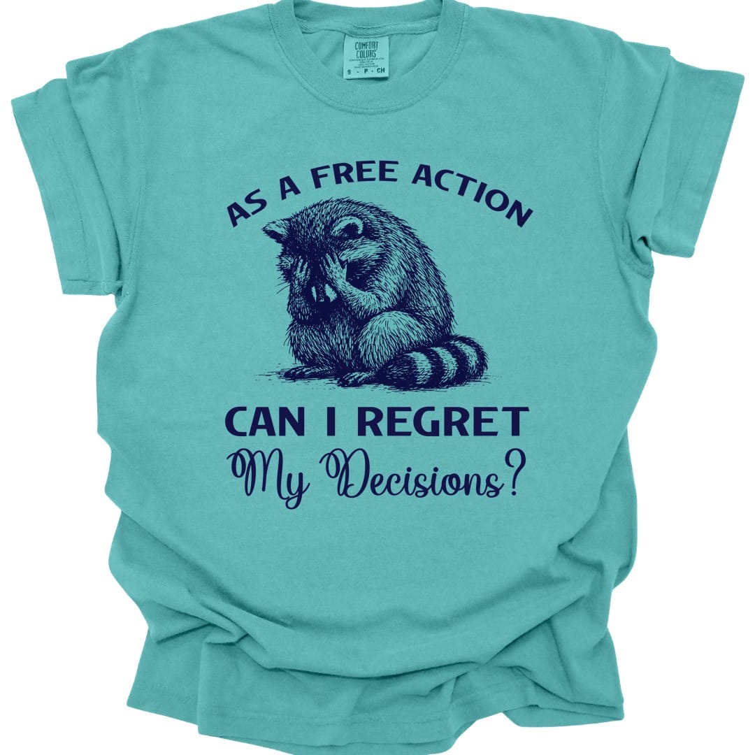 The same As A Free Action Can I Regret My Decisions design, on a seafoam t-shirt.