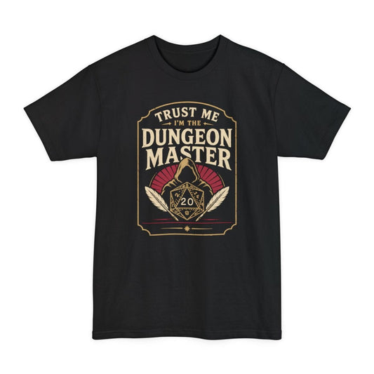 Black tall t-shirt. A tall cream badge with a ruled border. "Trust me" sits at the top, then "Dungeon Master" in large capitals. Below, a hooded figure looms behind a twenty-sided die showing 20, flanked by two quill feathers, with a dark red fan behind the hood. Vintage badge style in cream and deep red.