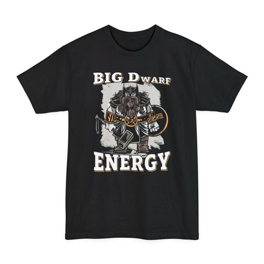 Black tall t-shirt. Reads "BIG Dwarf" across the top and "ENERGY" across the bottom in bold white capitals outlined in gold. Between them stands a scowling dwarf warrior in a horned helm with a huge braided beard, heavy black and gold armor, a round shield on one arm and a massive war hammer resting head down at his feet. A rough pale gray brushstroke sits behind him. Bold cartoon style in white, black, gray and gold.