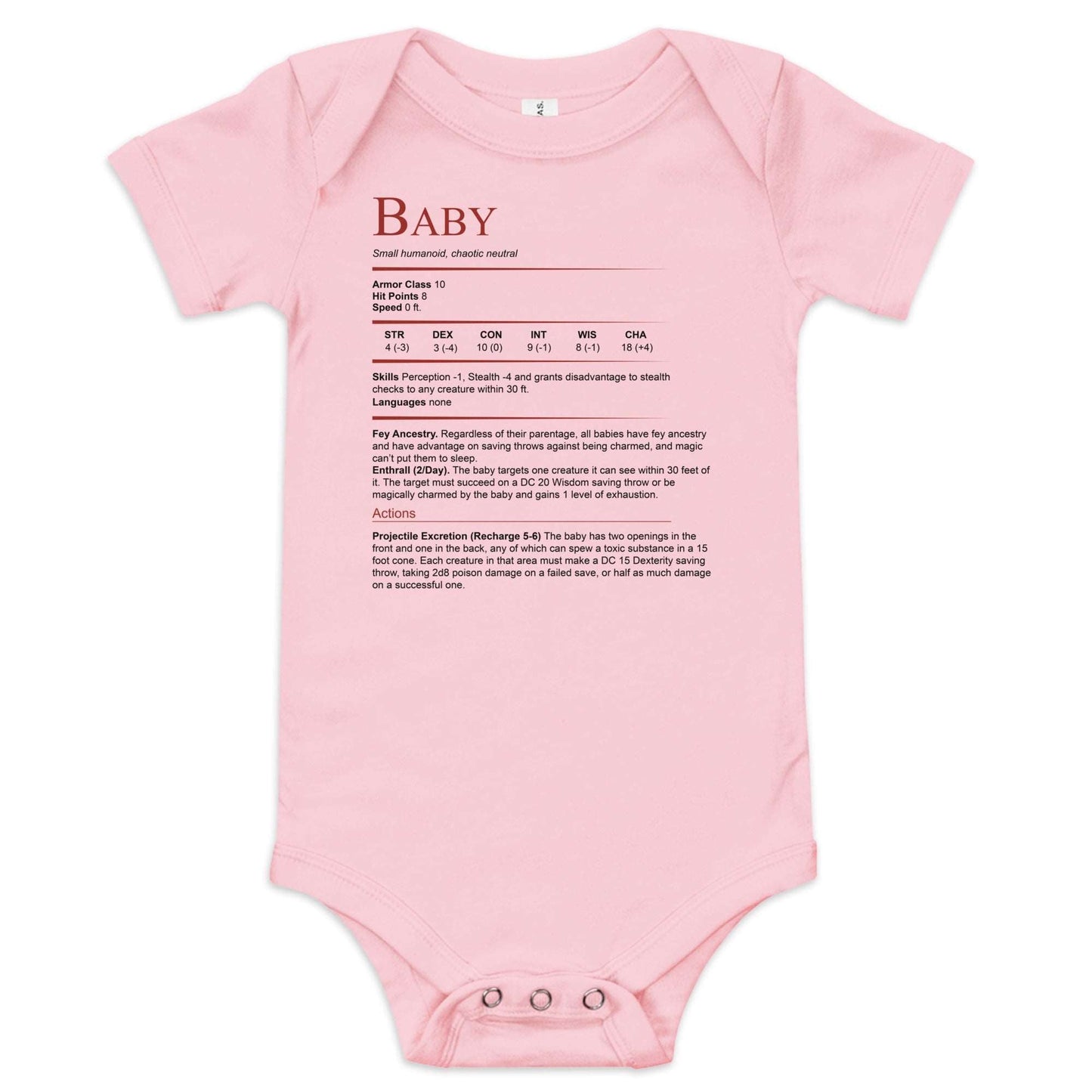 DnD Baby Stat Block Bodysuit – Funny Dungeons & Dragons Gift for New Parents Baby Bodysuit Pink / 3-6m