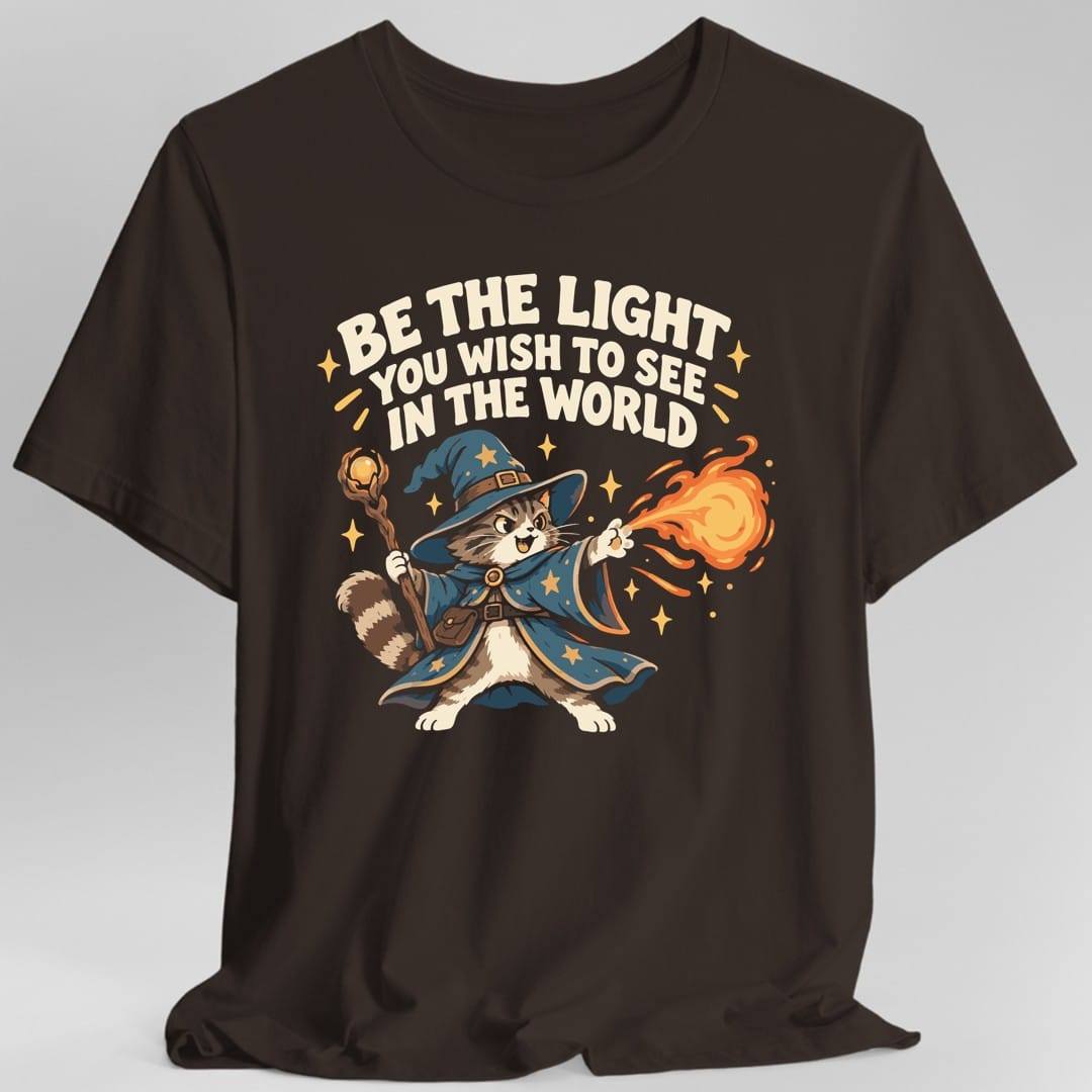 The same Be The Light wizard cat design, on a dark chocolate t-shirt.