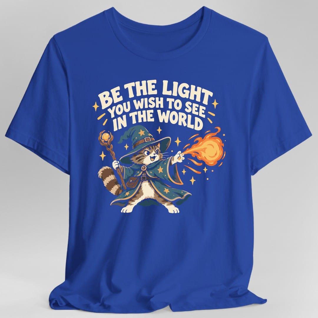 The same Be The Light wizard cat design, on a royal t-shirt.
