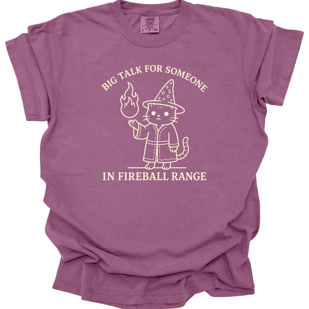 The same Big Talk for Someone in Fireball Range cat design, on a berry t-shirt.