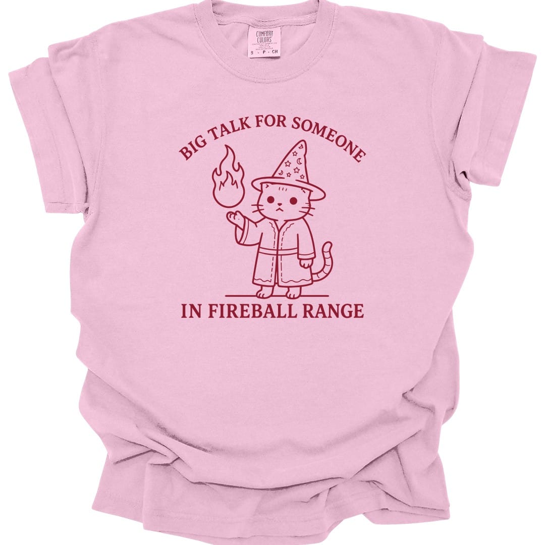The same Big Talk for Someone in Fireball Range cat design, on a blossom t-shirt.