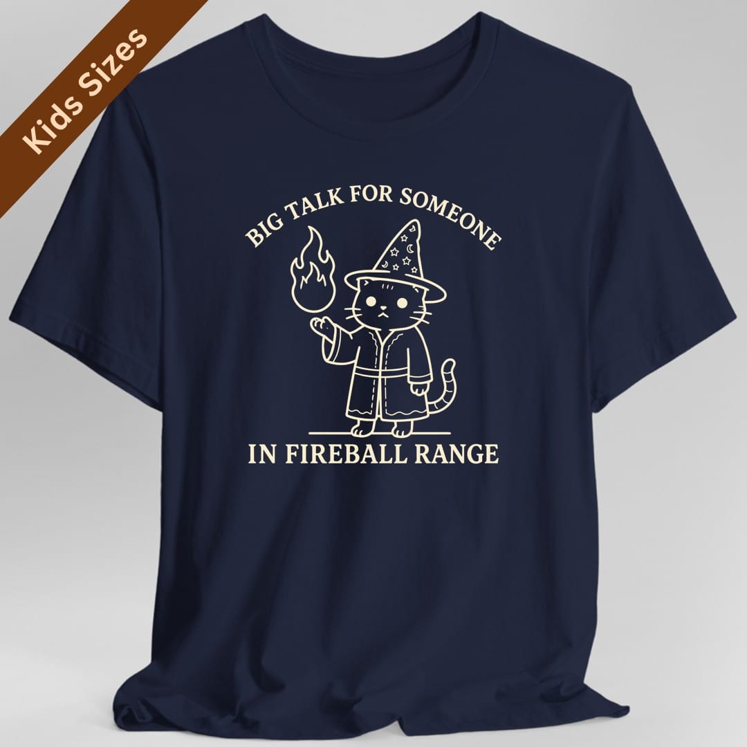 The same Big Talk for Someone in Fireball Range cat design, on a navy kids t-shirt.