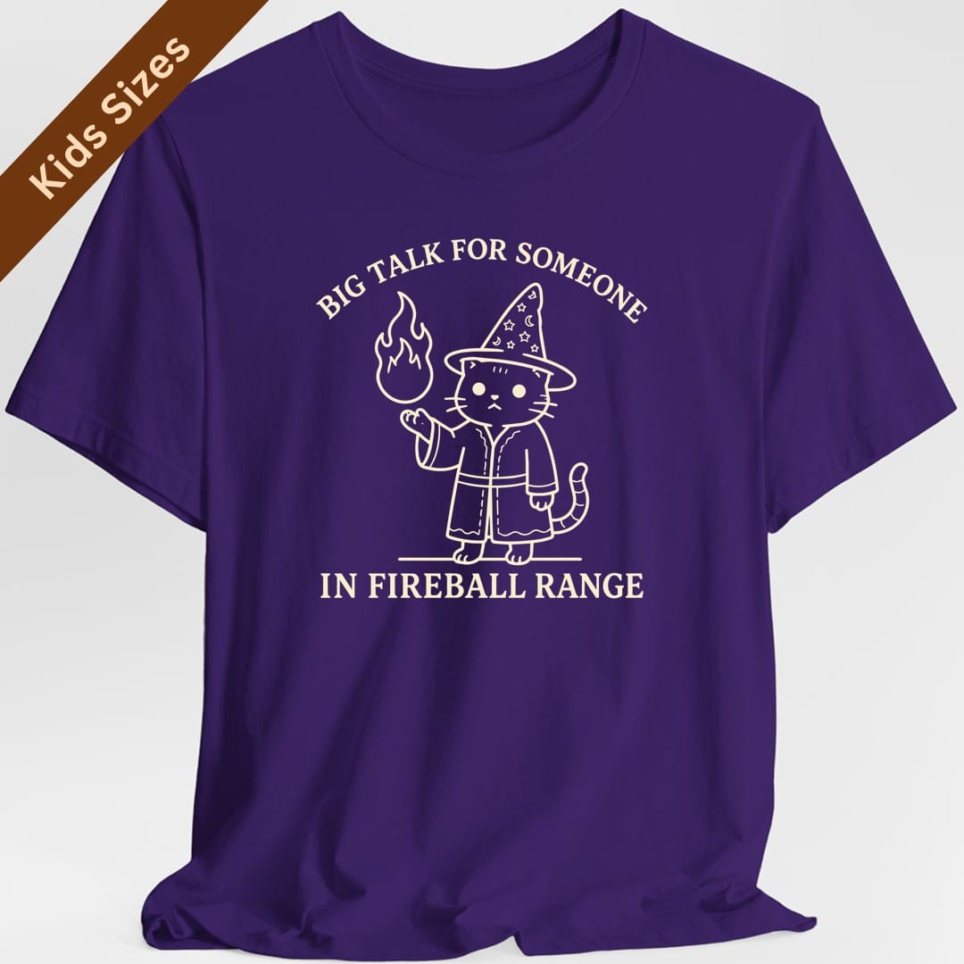 The same Big Talk for Someone in Fireball Range cat design, on a purple kids t-shirt.
