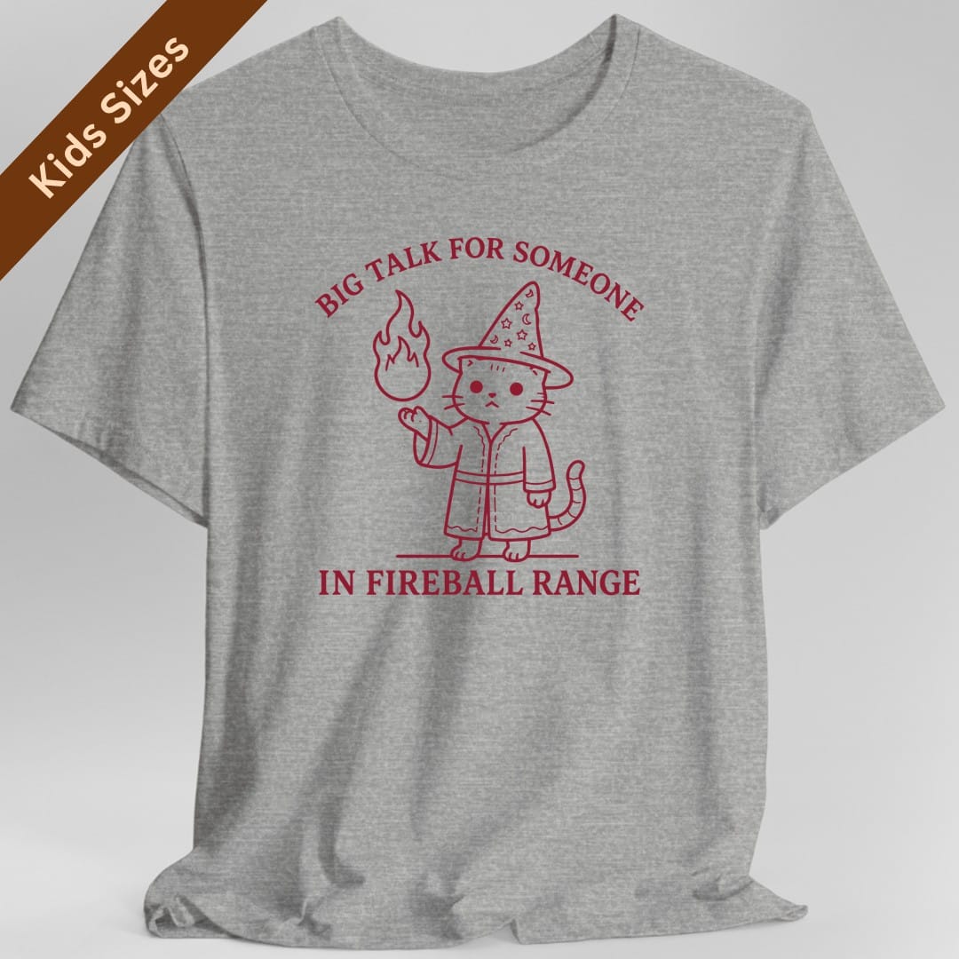The same Big Talk for Someone in Fireball Range cat design, on a sport grey kids t-shirt.