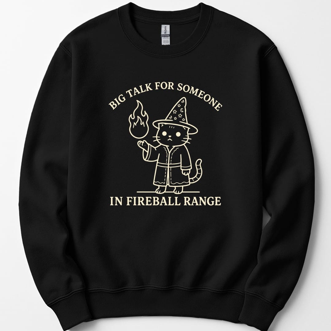 Black sweatshirt. Reads "Big talk for someone" curving across the top and "In fireball range" across the bottom in cream capitals. Between them a cat stands upright in a starry pointed hat and robe, looking unimpressed, holding up a small flame in one paw.