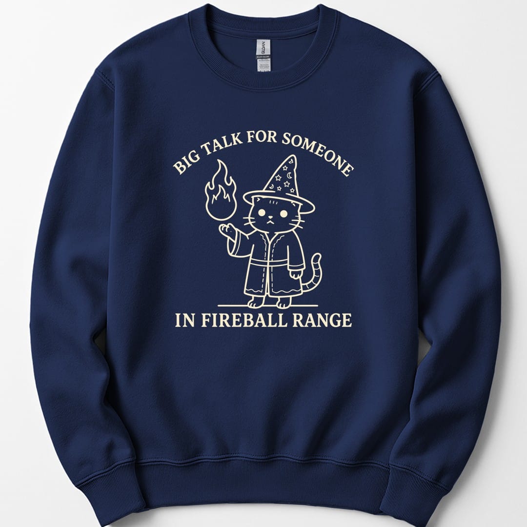 The same Big Talk for Someone in Fireball Range cat design, on a navy sweatshirt.