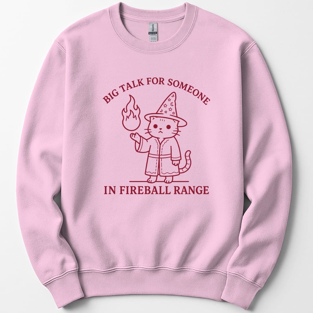 The same Big Talk for Someone in Fireball Range cat design, on a light pink sweatshirt.