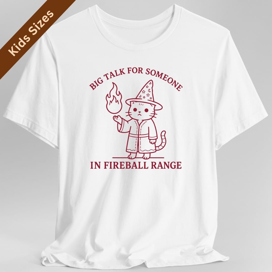The same Big Talk for Someone in Fireball Range cat design, on a white kids t-shirt.