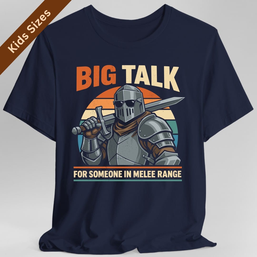 The same Big Talk knight design, on a navy kids t-shirt.