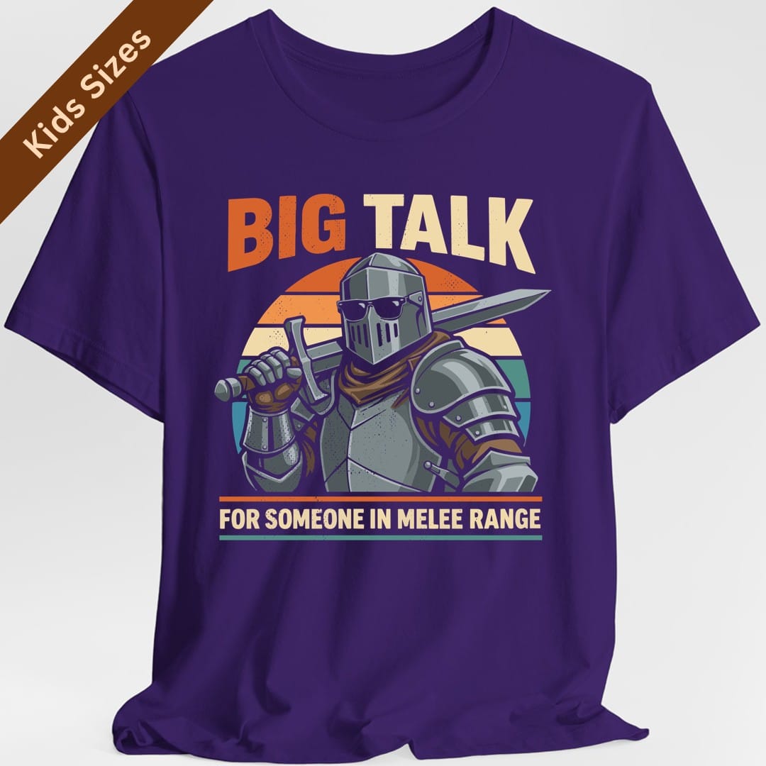 The same Big Talk knight design, on a purple kids t-shirt.