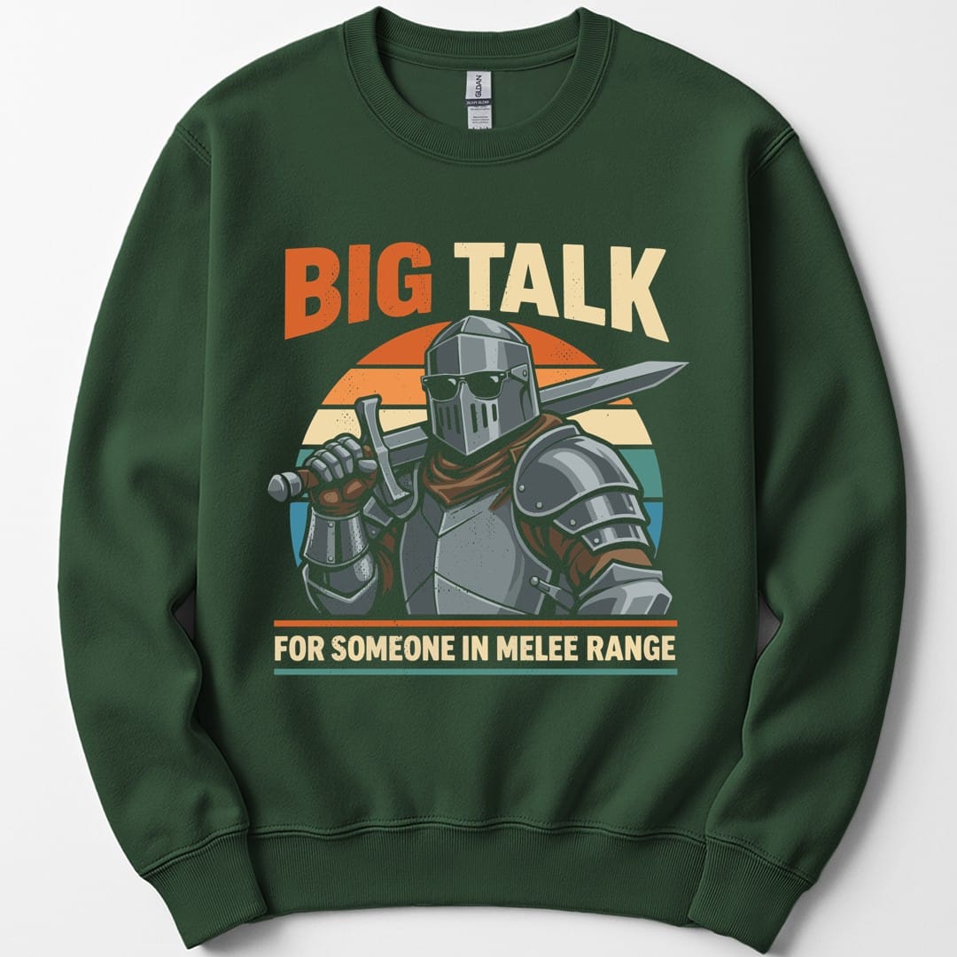 The same Big Talk knight design, on a forest green sweatshirt.