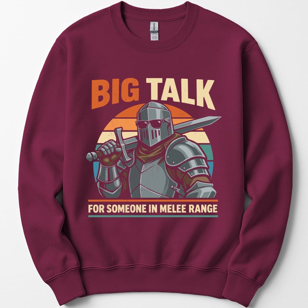 The same Big Talk knight design, on a maroon sweatshirt.