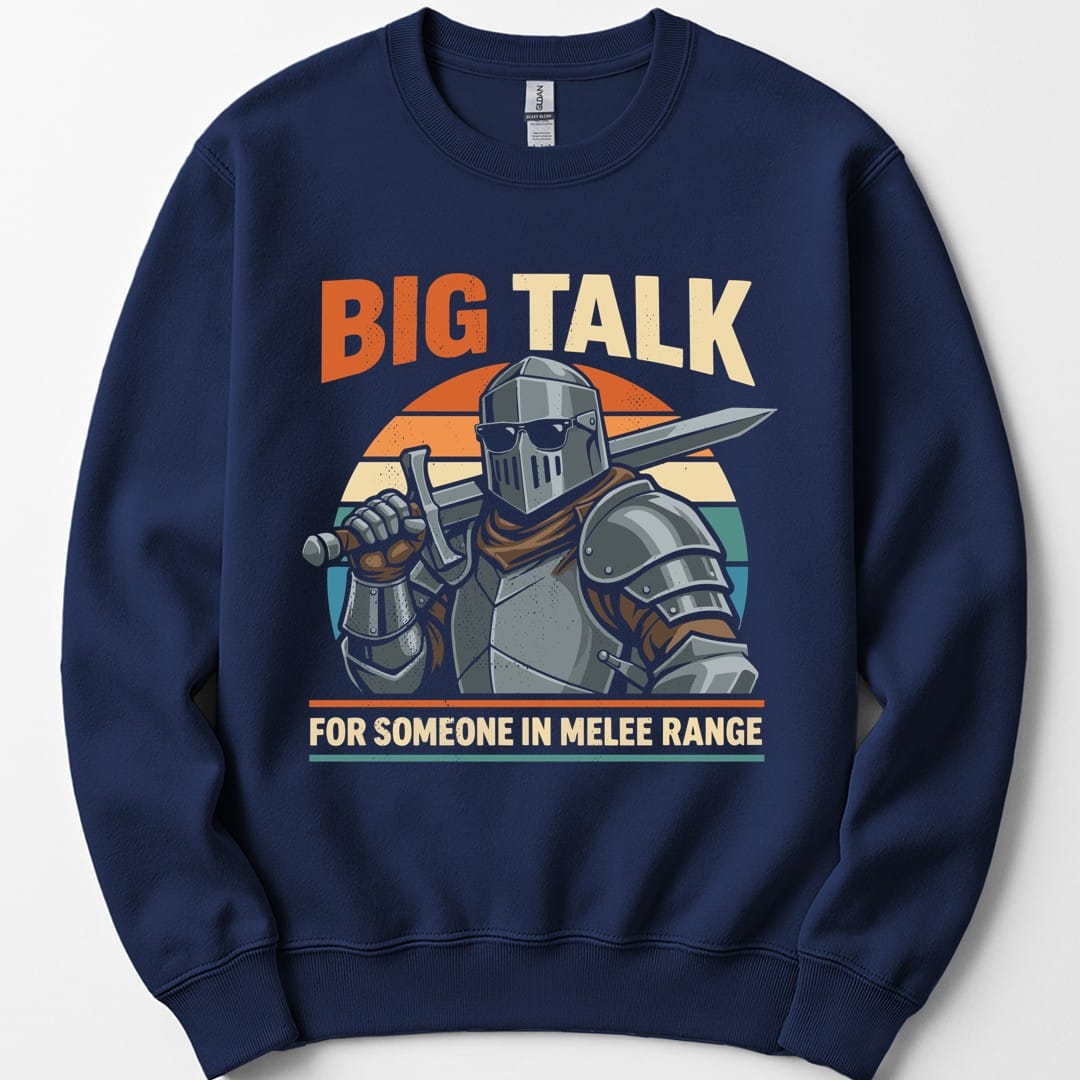 The same Big Talk knight design, on a navy sweatshirt.