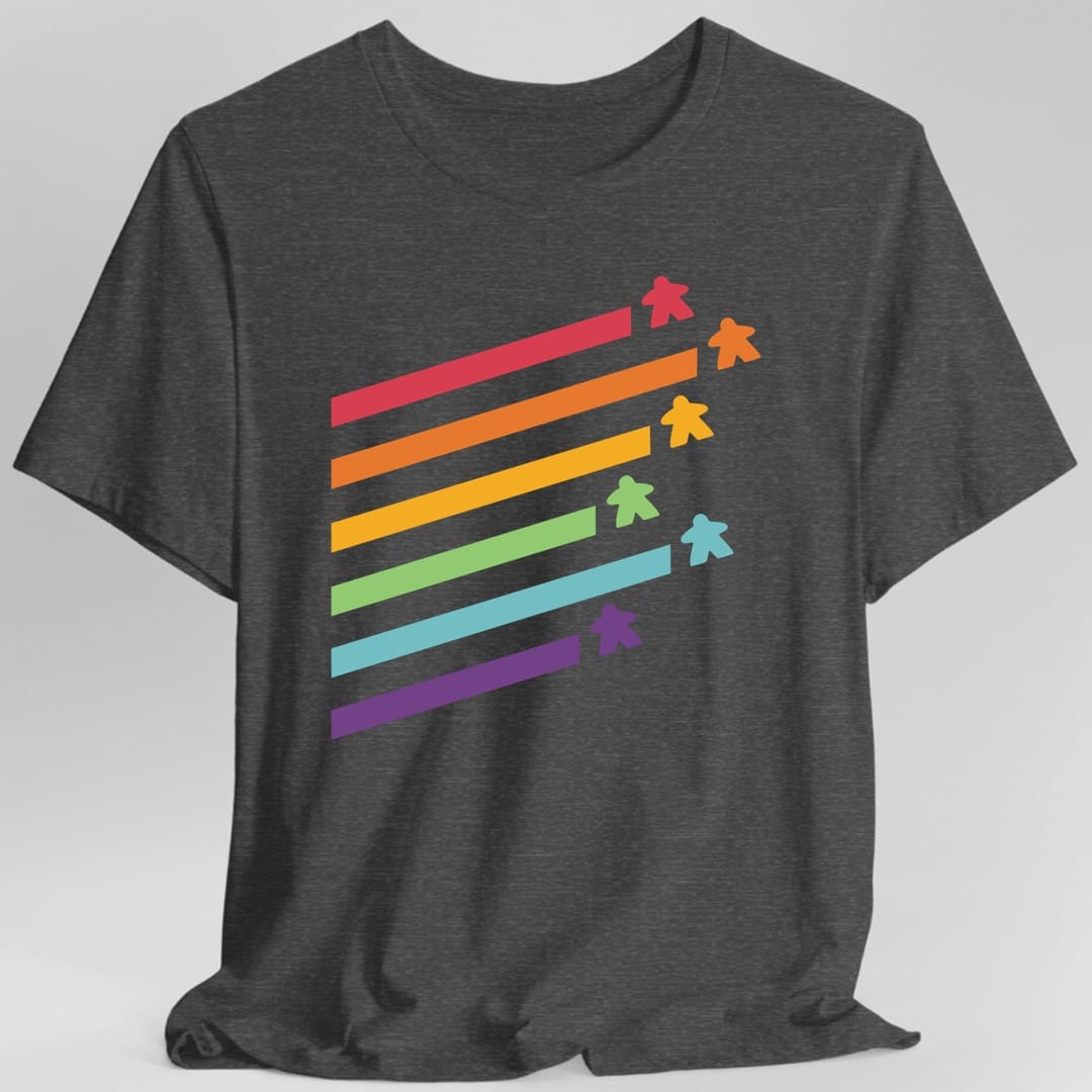 The same Meeple Retro Rainbow design, on a dark heather t-shirt.