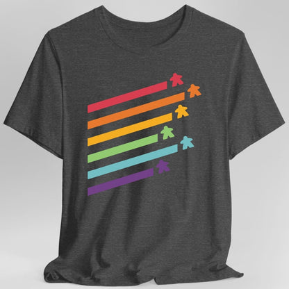 The same Meeple Retro Rainbow design, on a dark heather t-shirt.