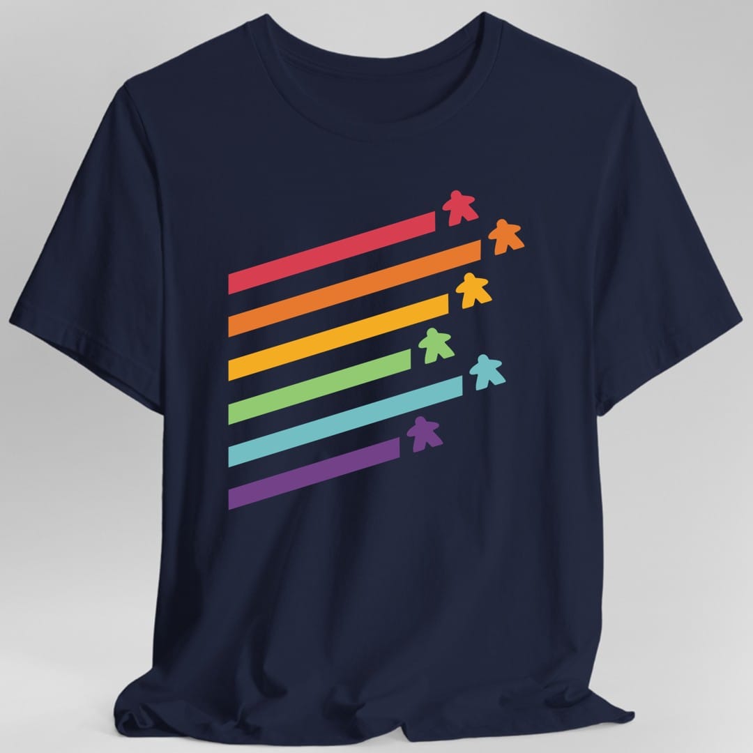 The same Meeple Retro Rainbow design, on a navy t-shirt.