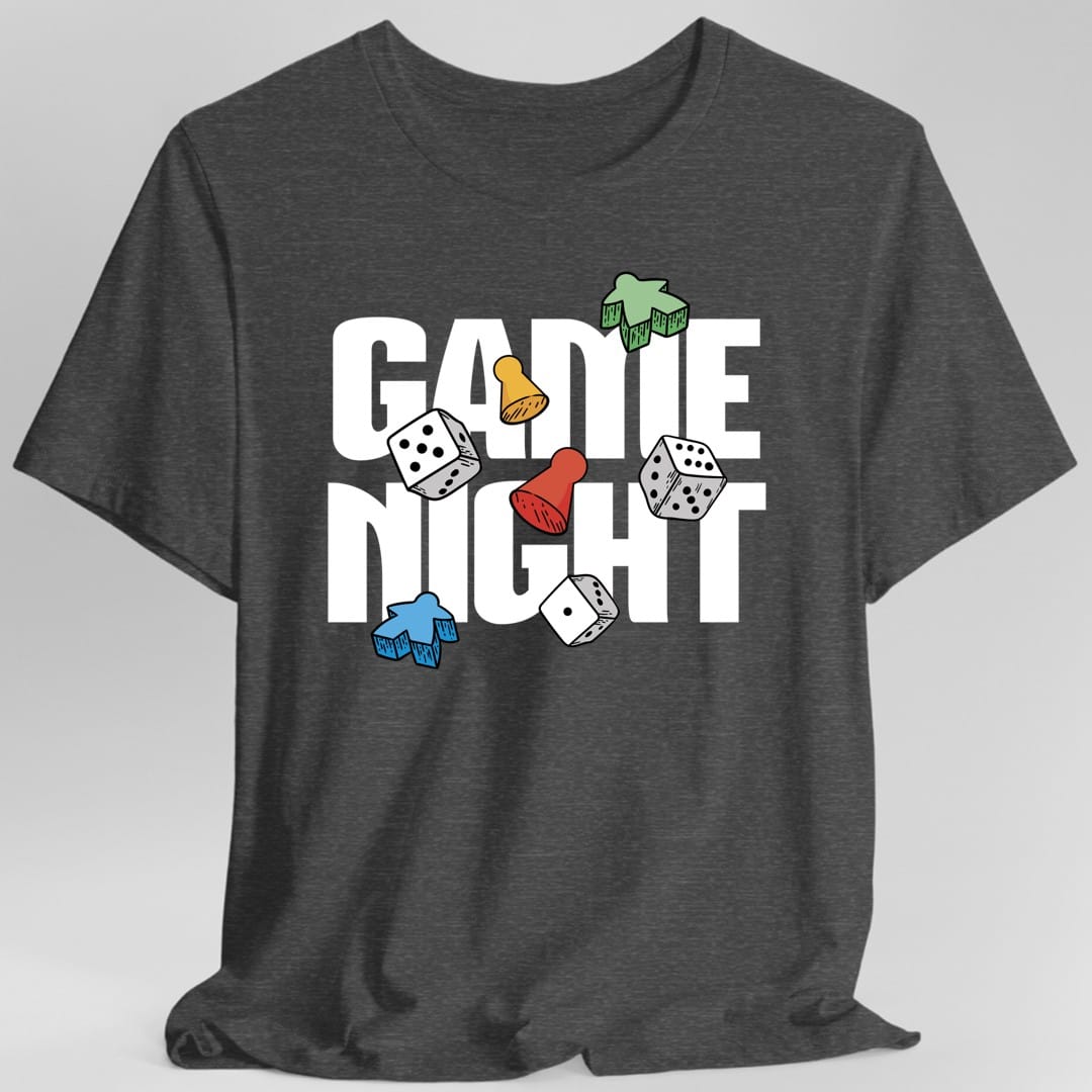 The same Game Night bold type design, on a dark heather t-shirt.